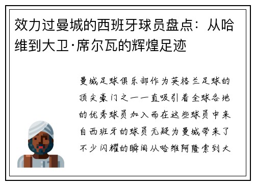 效力过曼城的西班牙球员盘点：从哈维到大卫·席尔瓦的辉煌足迹