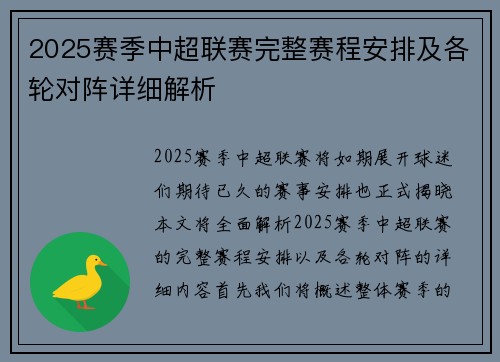 2025赛季中超联赛完整赛程安排及各轮对阵详细解析