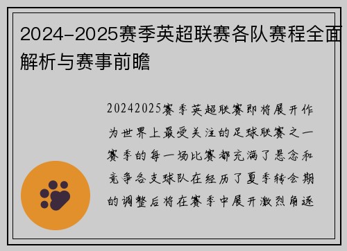 2024-2025赛季英超联赛各队赛程全面解析与赛事前瞻