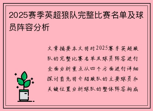 2025赛季英超狼队完整比赛名单及球员阵容分析